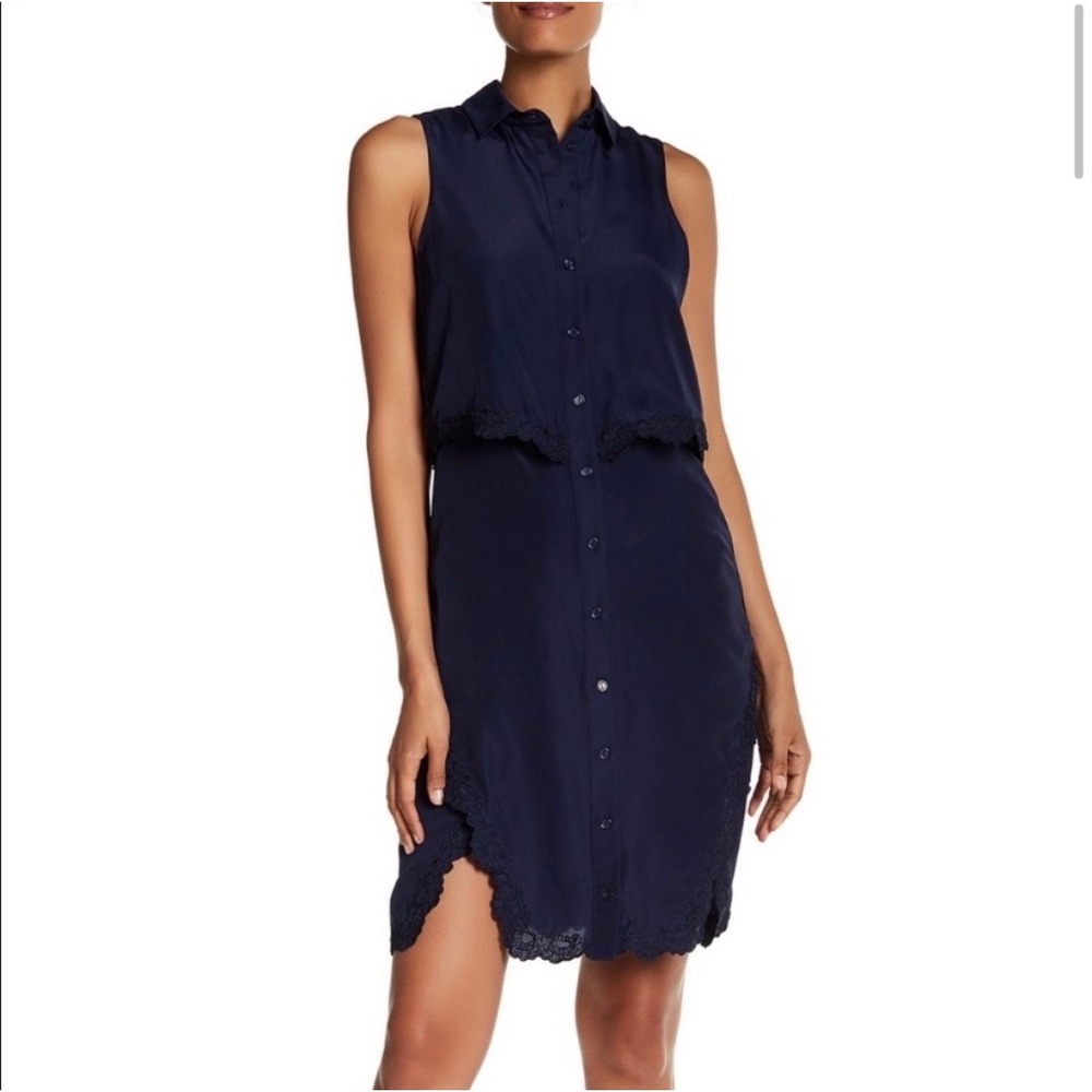 Parker‎ Aquarius Navy Blue Scalloped Lace Layered Button Down Dress Womens M
